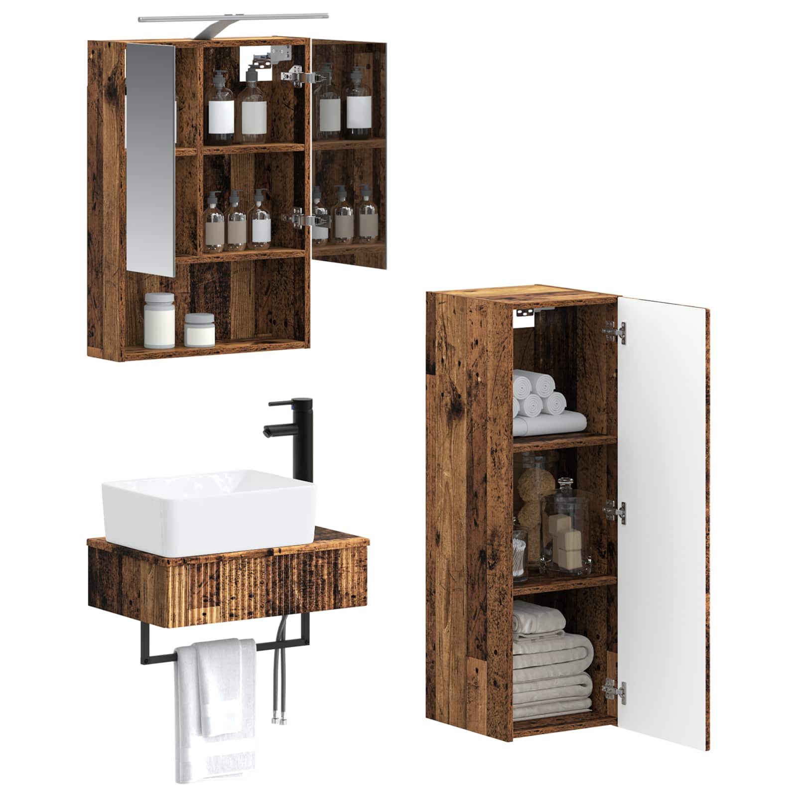 Set ormarića za kupaonicu 4 pcs Staro drvo 50 x 14,5 x 70 cm