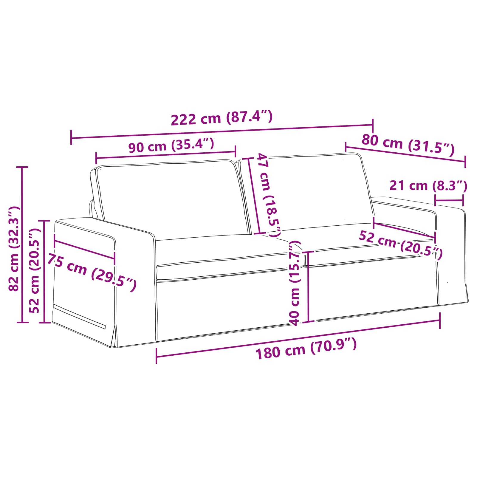 Set sofe 2 pcs Krema 222 x 80 x 82 cm tkanina