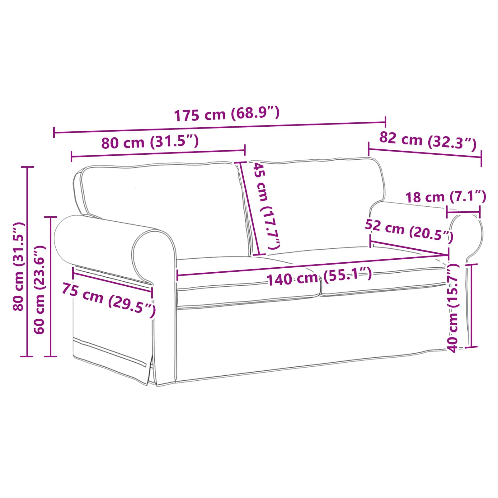 Sofa Svijetlo siva 175 x 82 x 80 cm tkanina