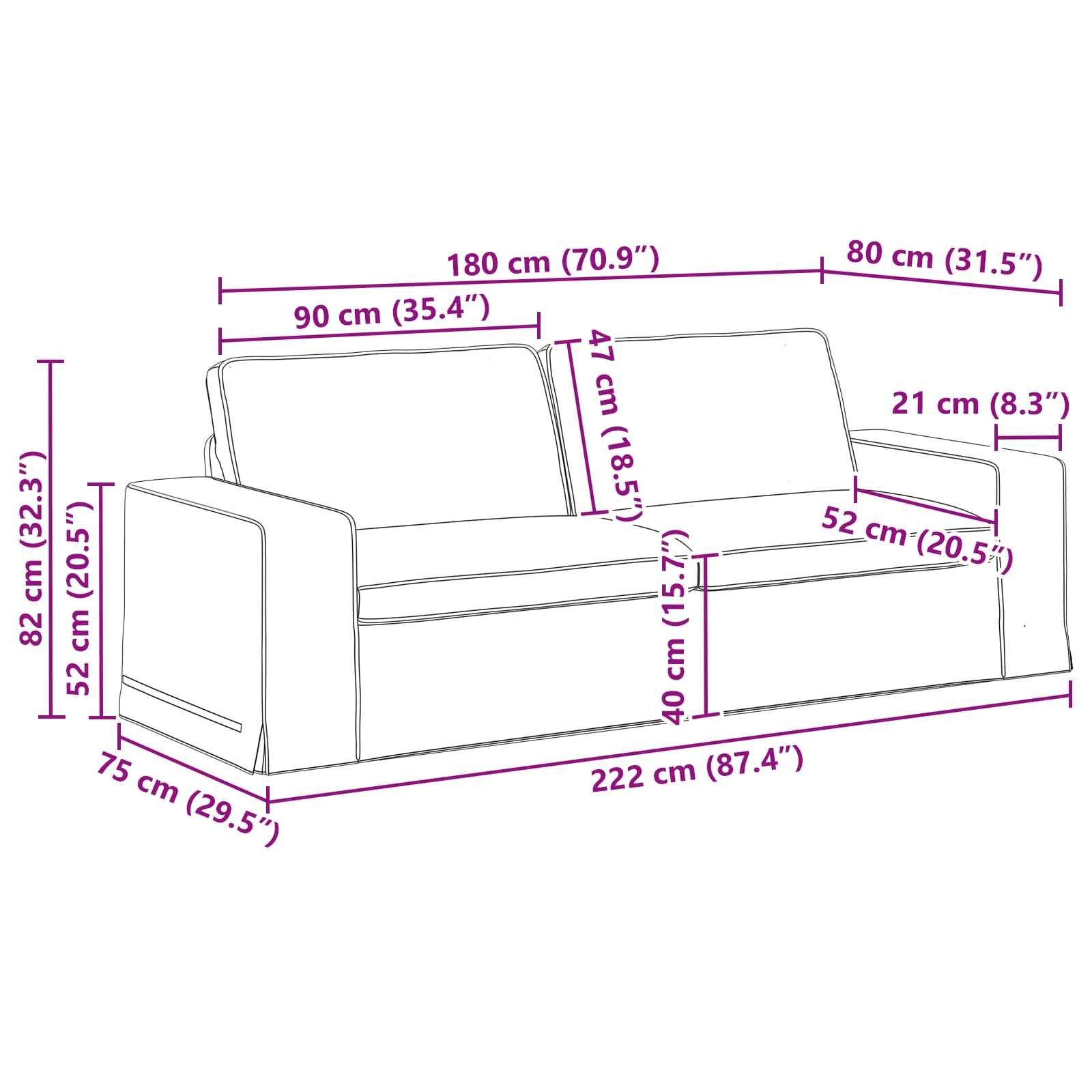 Sofa Svijetlo siva 222 x 80 x 82 cm tkanina