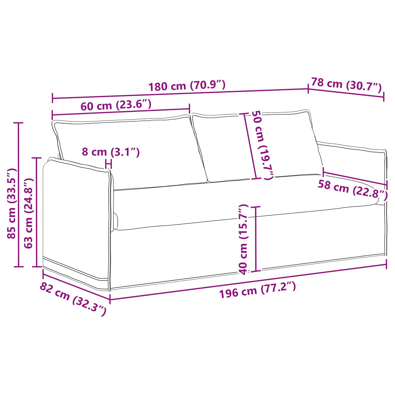 Sofa Svijetlo siva 196 x 82 x 85 cm tkanina