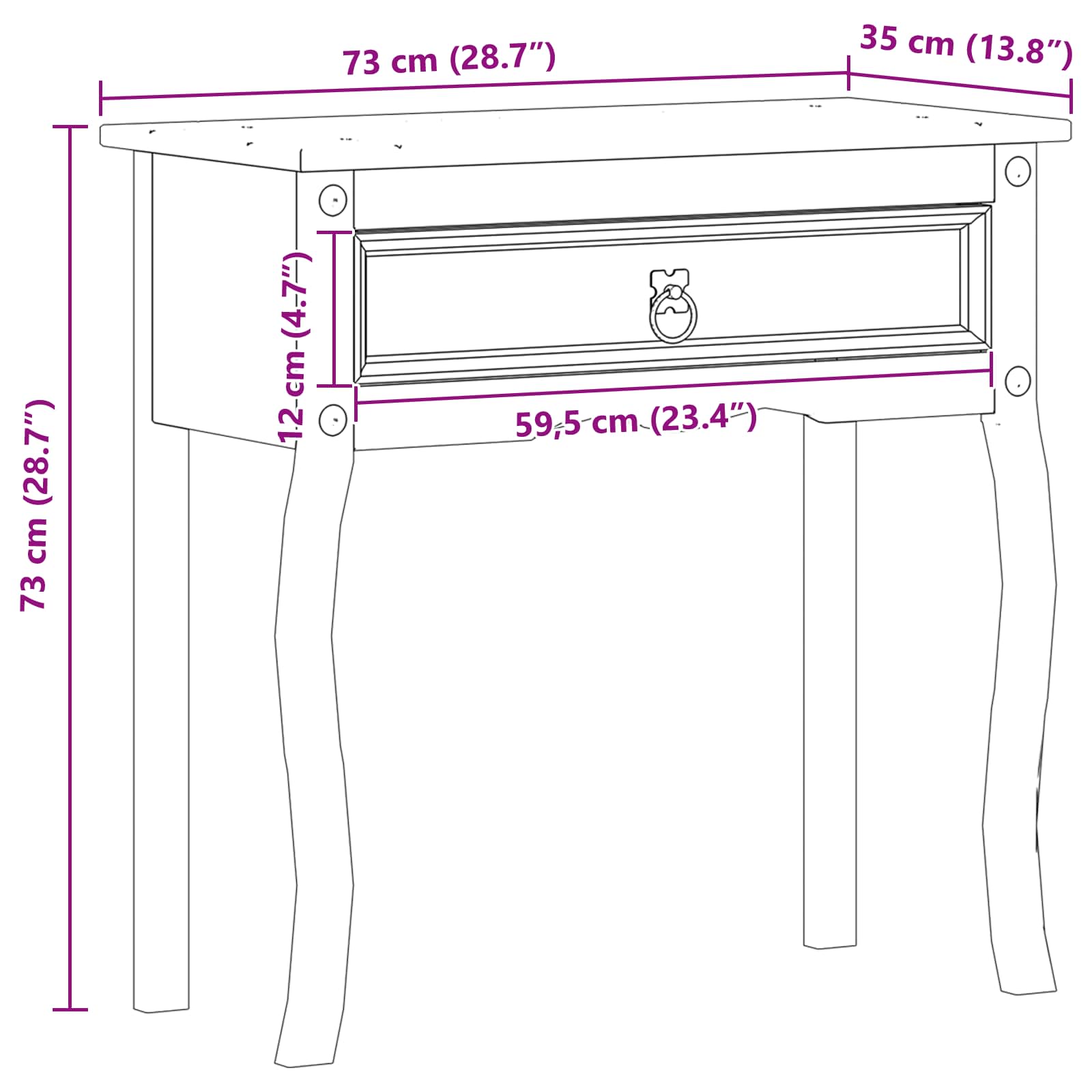 Konzolni stol Bijelo 73 x 35 x 73 cm Čvrsto borovo drvo
