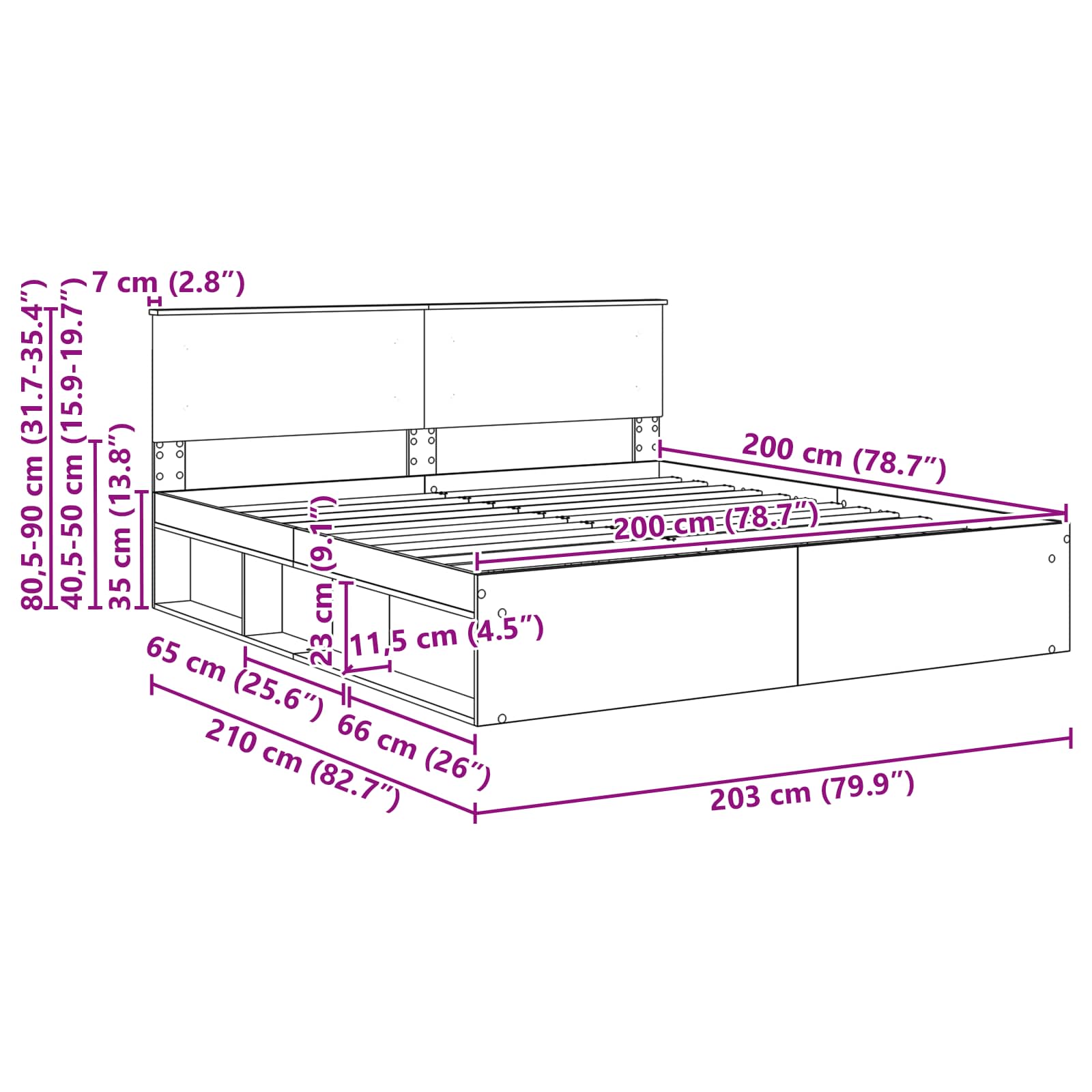 Krevetna konstrukcija s uzglavljem Siva Sonoma 200 x 200 cm