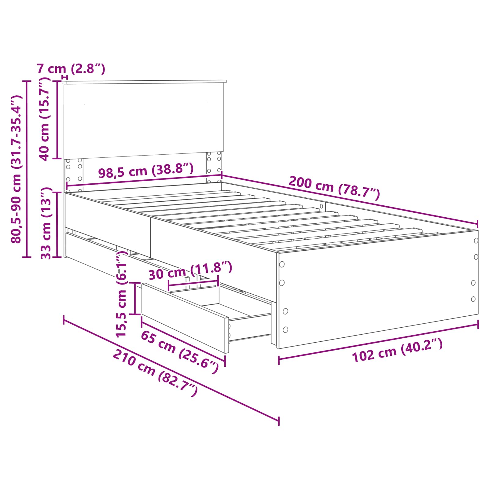 Krevetna konstrukcija s ladicama Sonoma hrast 100 x 200 cm
