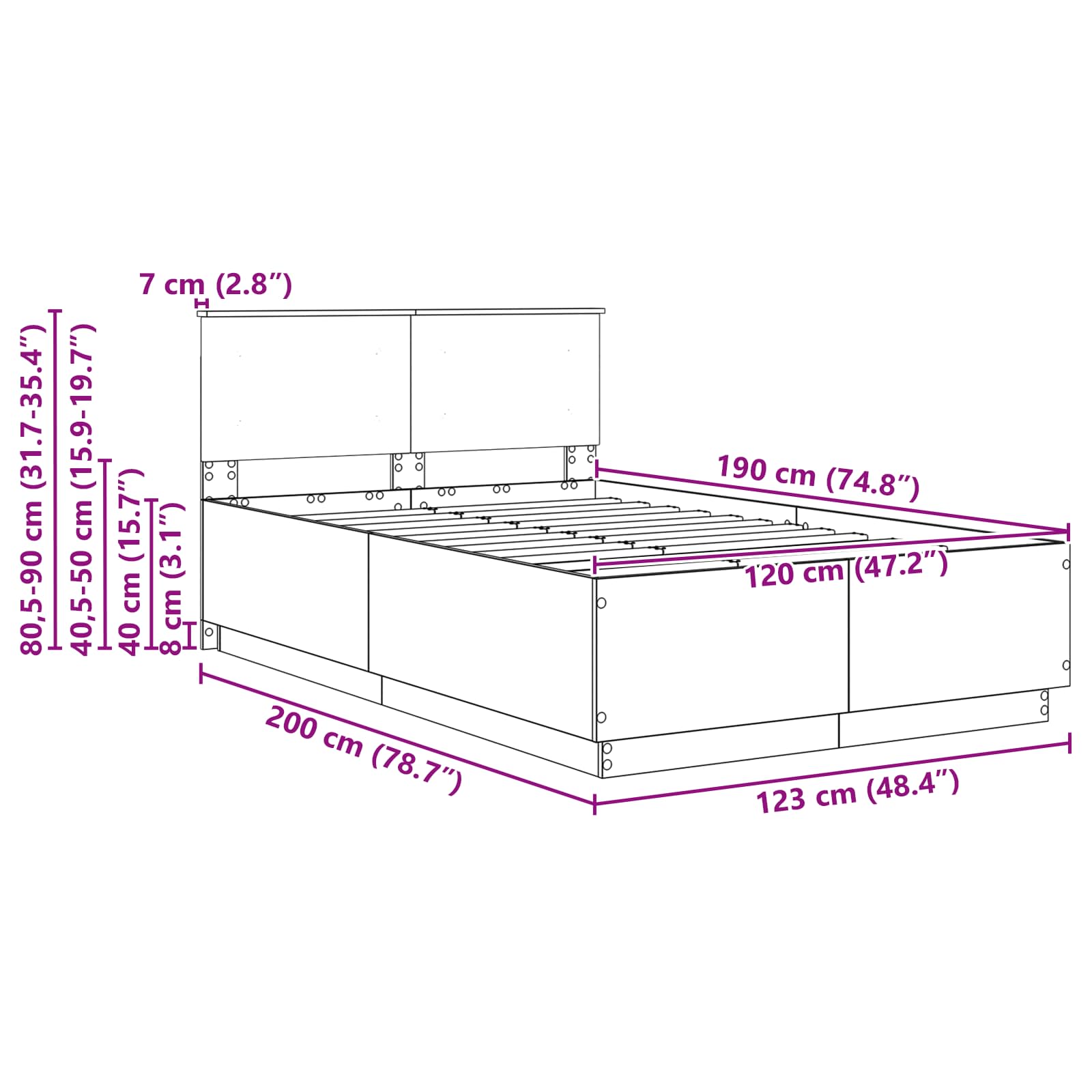 Krevetna konstrukcija S LED lampica Siva Sonoma 120 x 190 cm