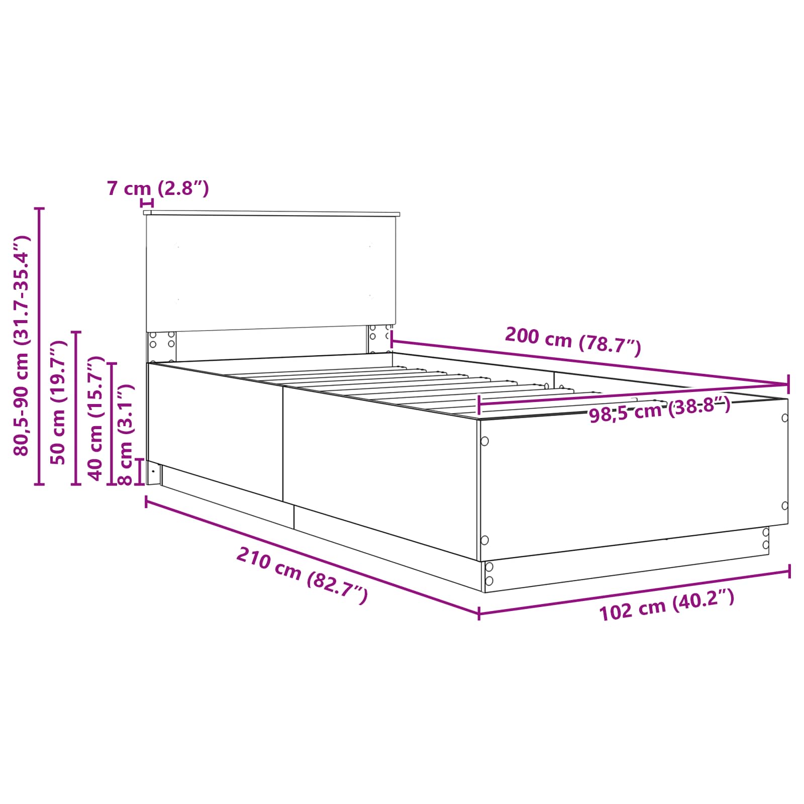 Krevetna konstrukcija s LED trakama Dimljeni hrast 100 x 200 cm