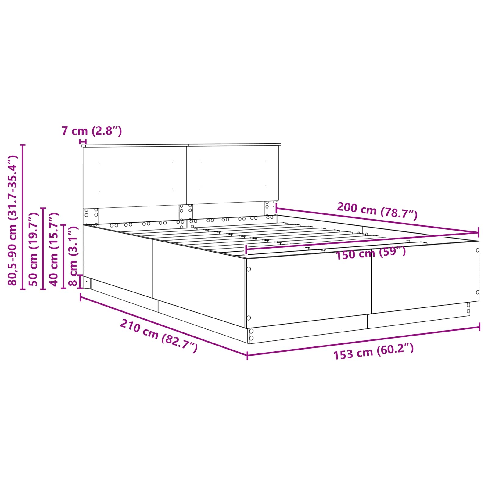 Krevetna konstrukcija s uzglavljem Dimljeni hrast 150 x 200 cm
