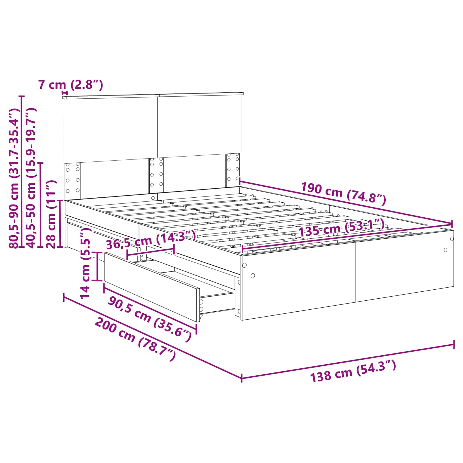 Krevet s od storage Sonoma hrast 135 x 190 cm Konstruirano drvo