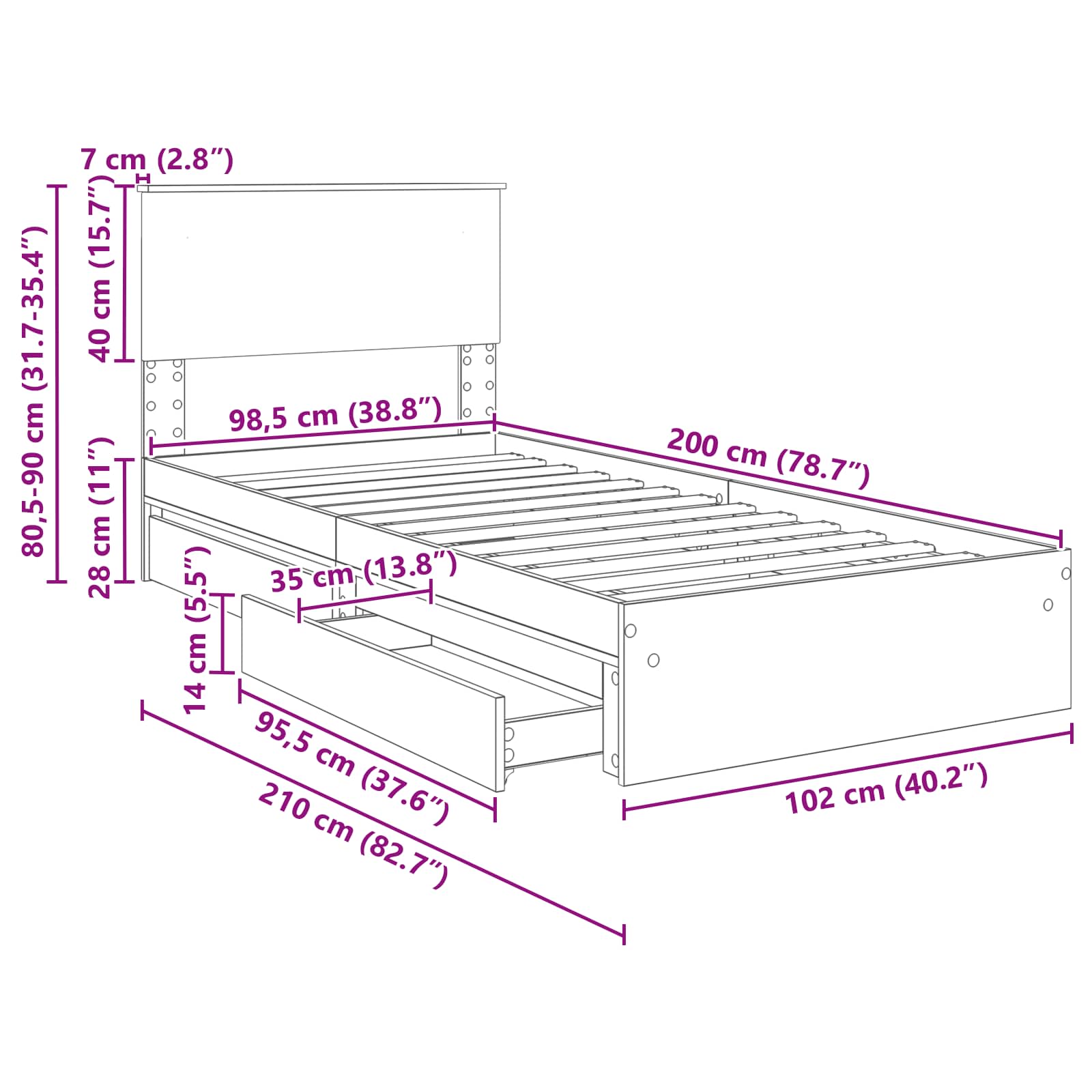 Krevet s od storage Siva Sonoma 100 x 200 cm Konstruirano drvo