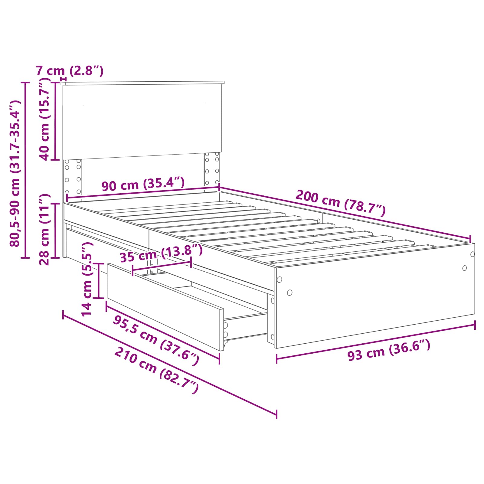 Krevet s od storage Bijelo 90 x 200 cm Konstruirano drvo