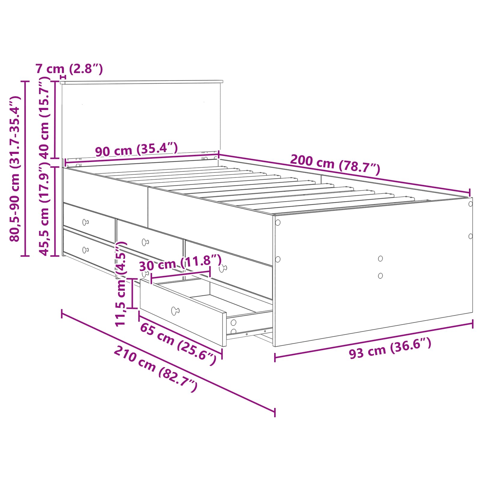 Krevet na dan s ladicama Dimnjeni hrast i crna 90 x 200 cm