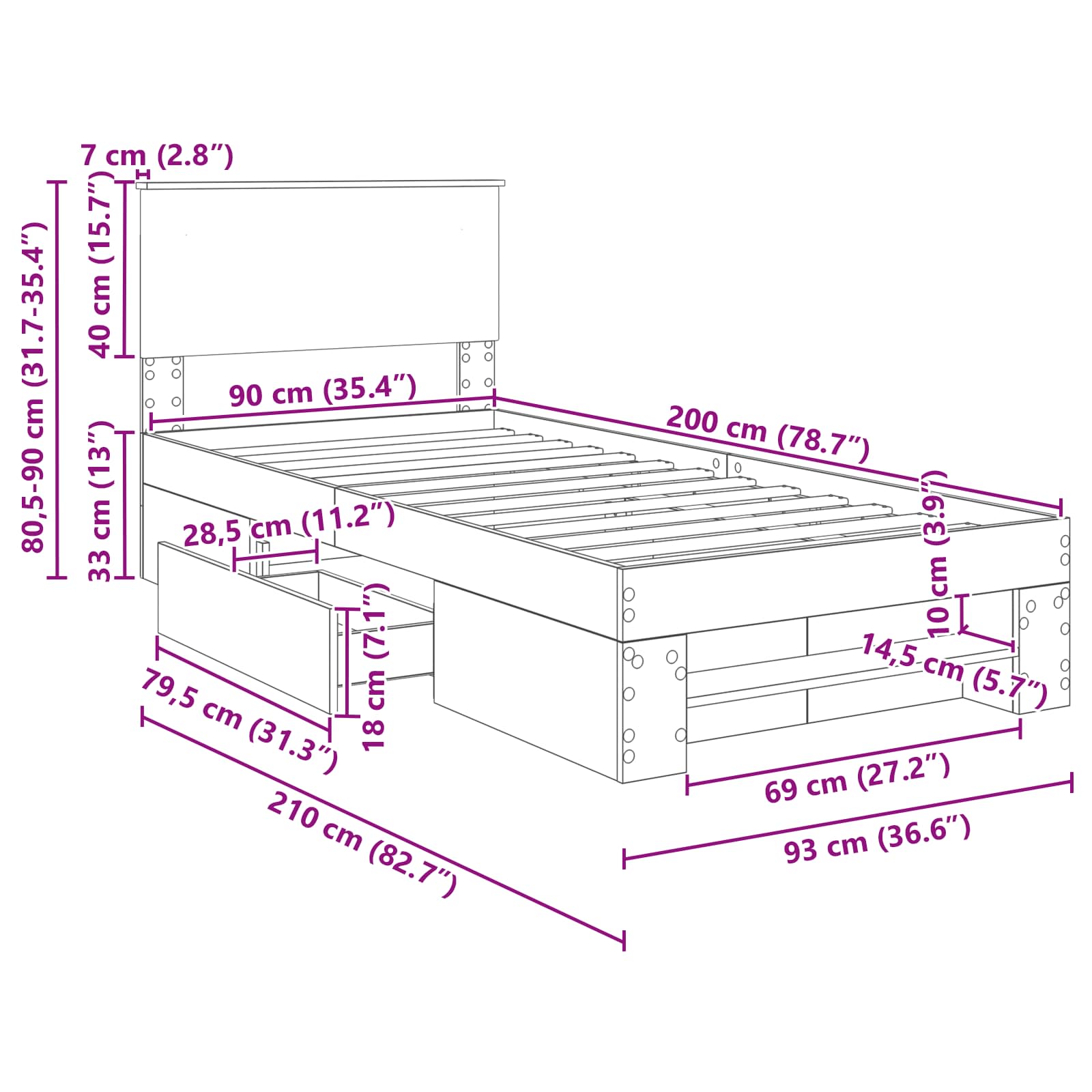 Krevetna konstrukcija s uzglavljem Betonski sivi 90 x 200 cm