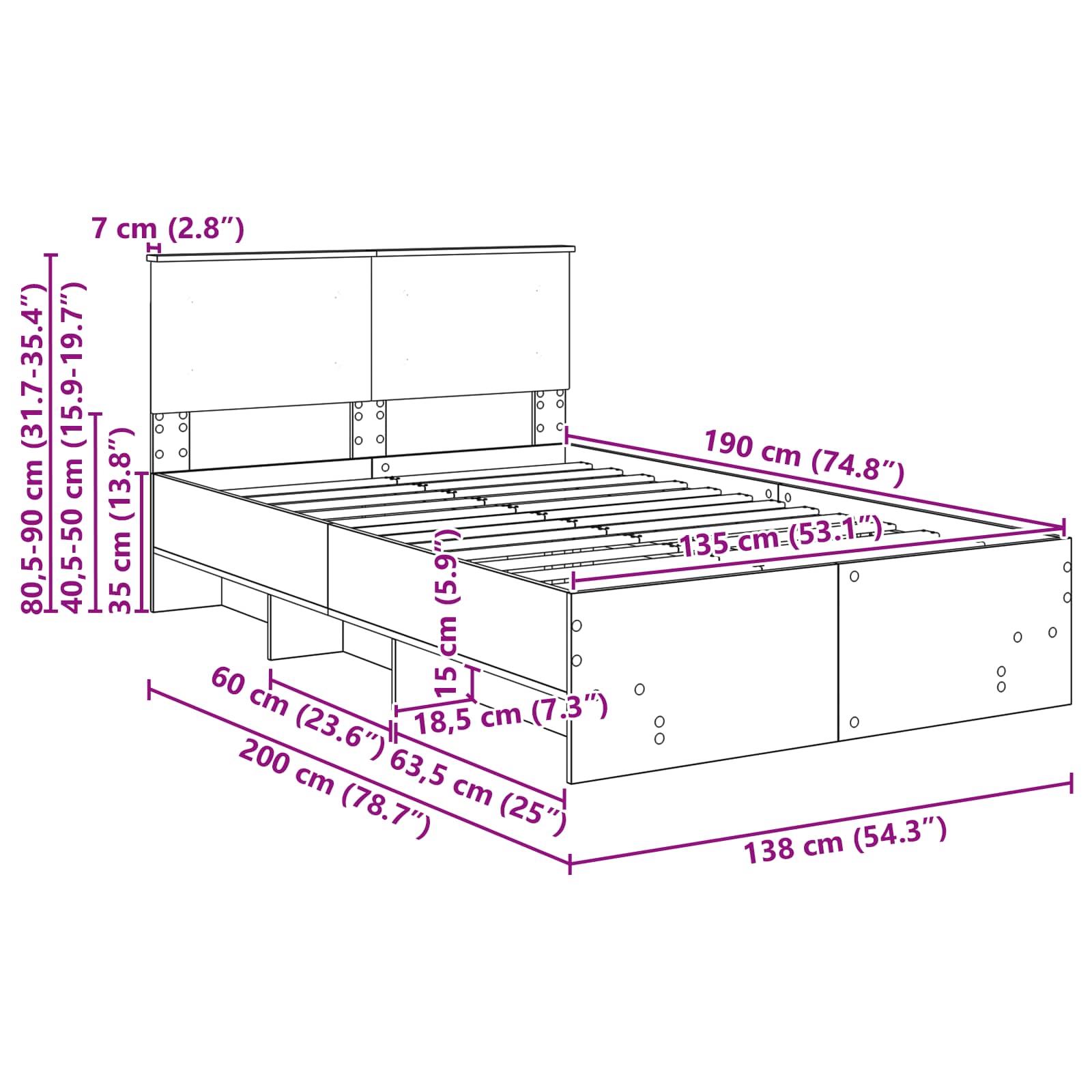 Krevetna konstrukcija s uzglavljem Dimljeni hrast 137 x 203 cm