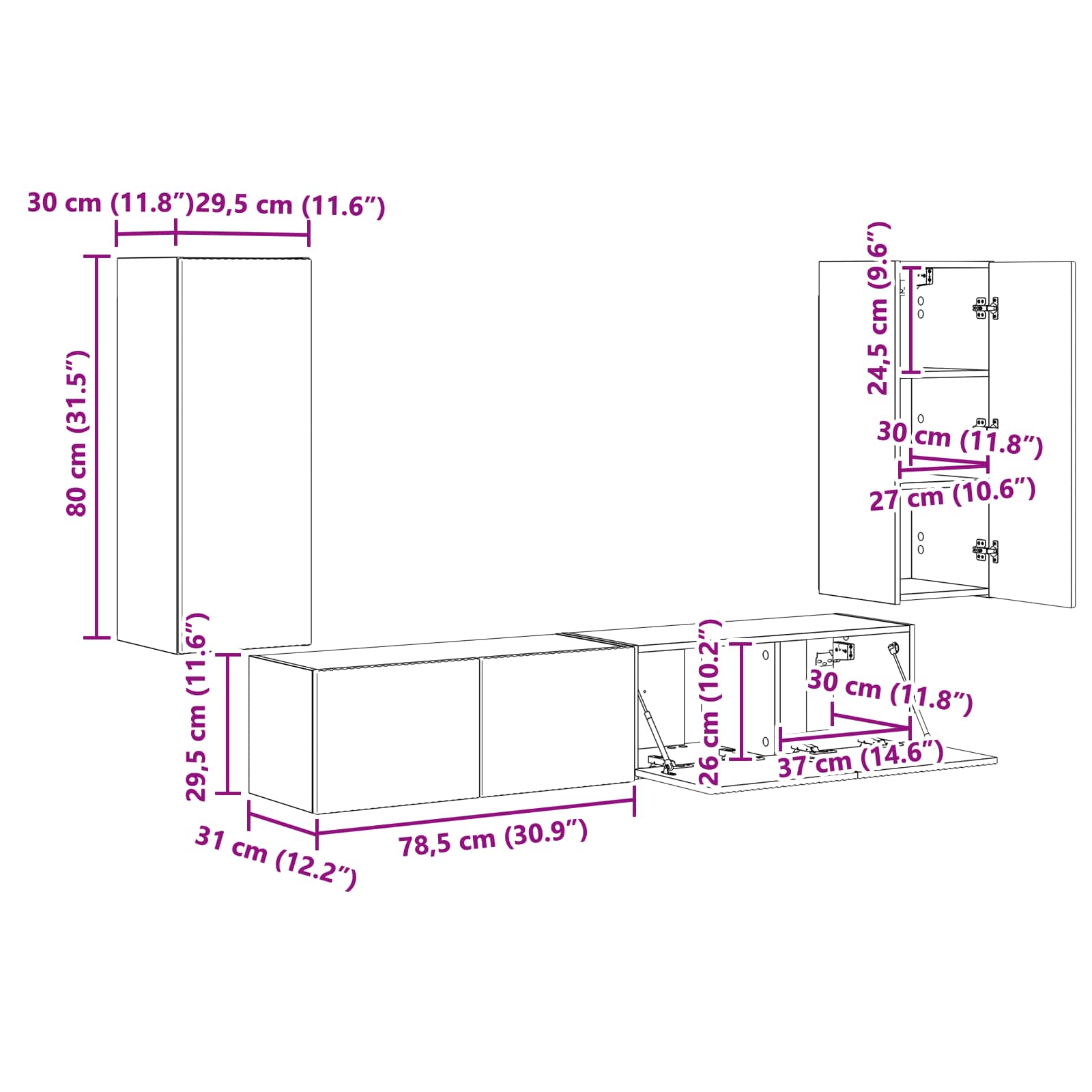 Set zidnog ormarića za TV Zidne 4 pcs Dimljeni hrast