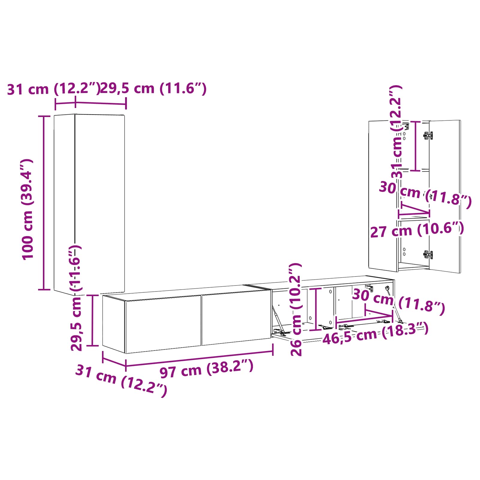 Set zidnog ormarića za TV Zidne 4 pcs Visoki sjaj bijela