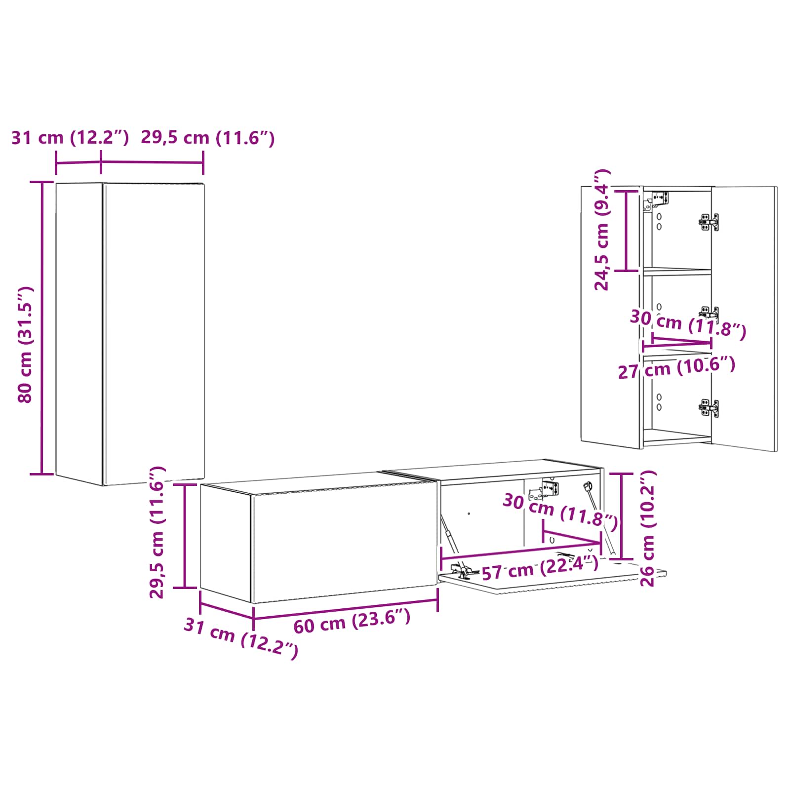 Set TV komoda Zidne 2 pcs Dimljeni hrast Konstruirano drvo