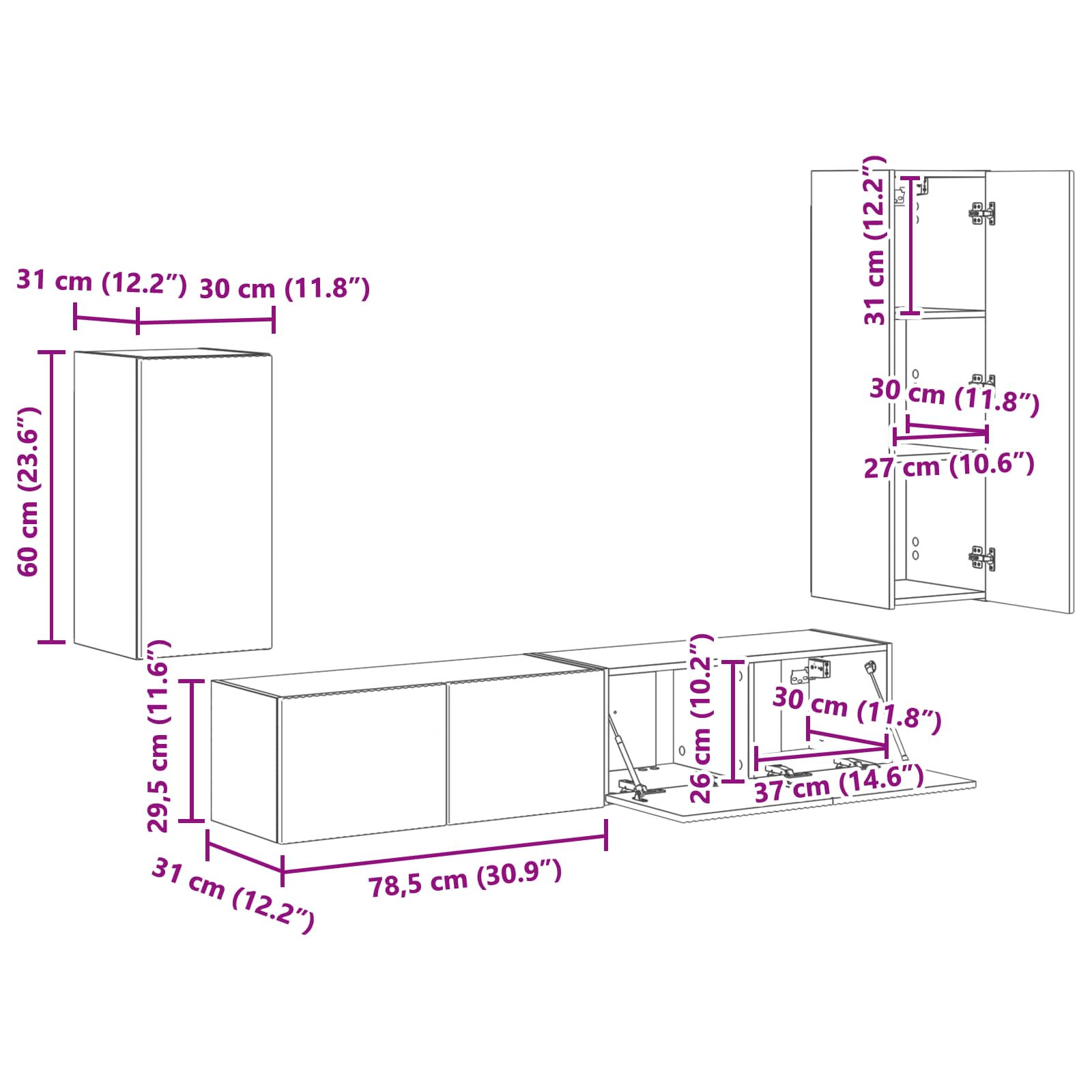Set TV komoda Zidne 4 pcs Staro drvo Konstruirano drvo