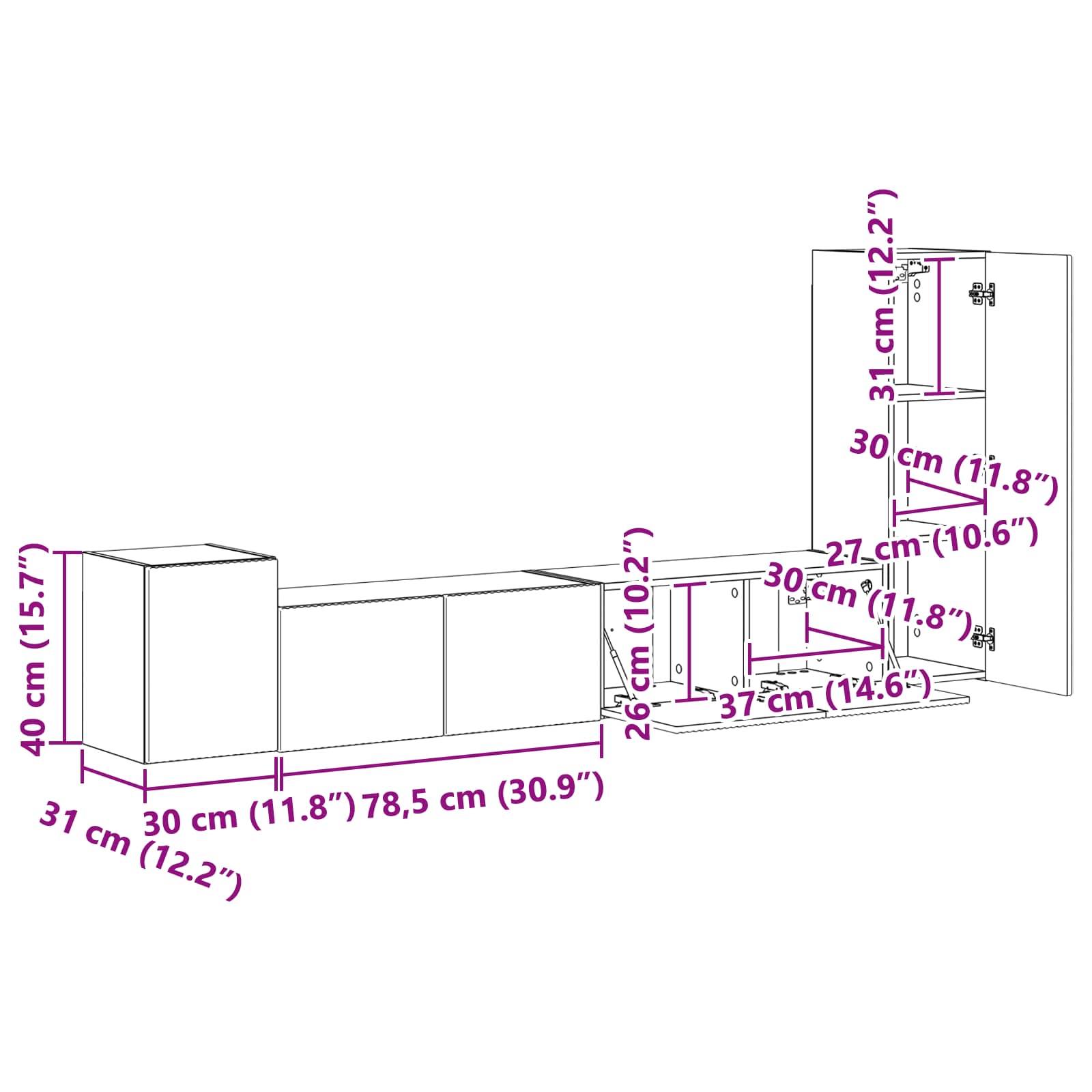 Set TV komoda Zidne 3 pcs Betonski sivi Konstruirano drvo