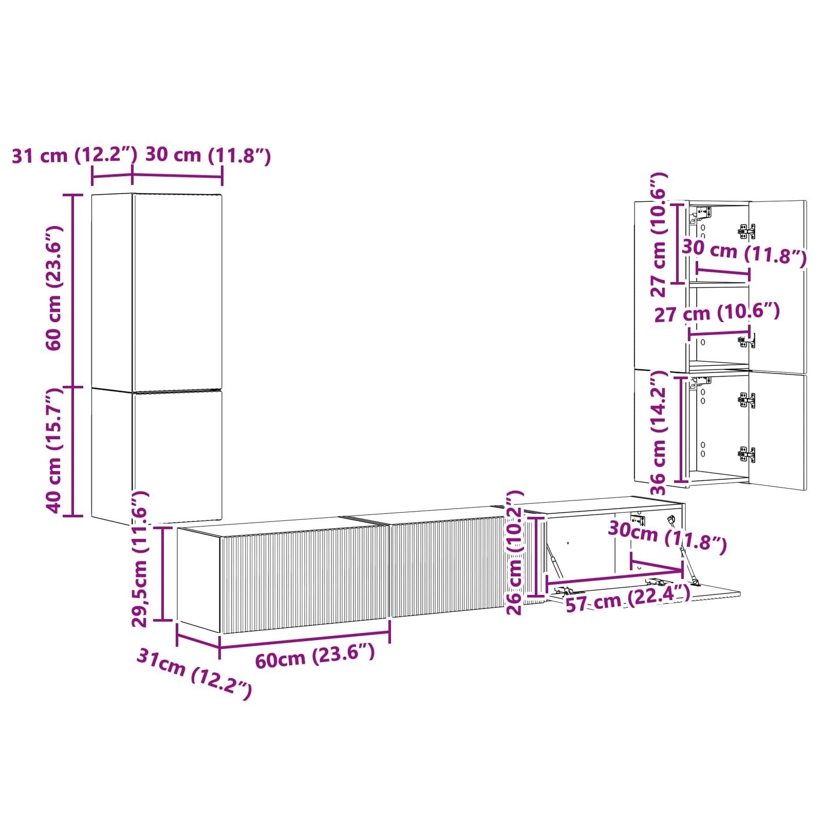 Set TV komoda Zidne 4 pcs Visoki sjaj bijela Konstruirano drvo