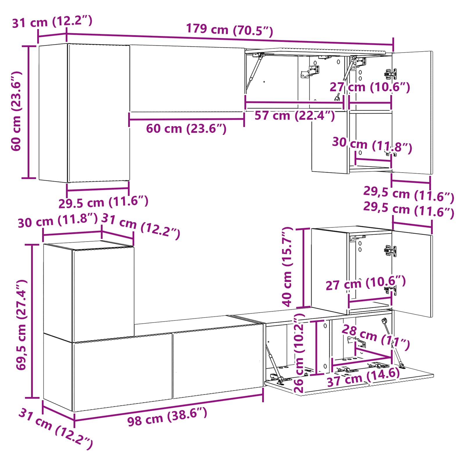 Set TV komoda Zidne 5 pcs Siva Sonoma Konstruirano drvo