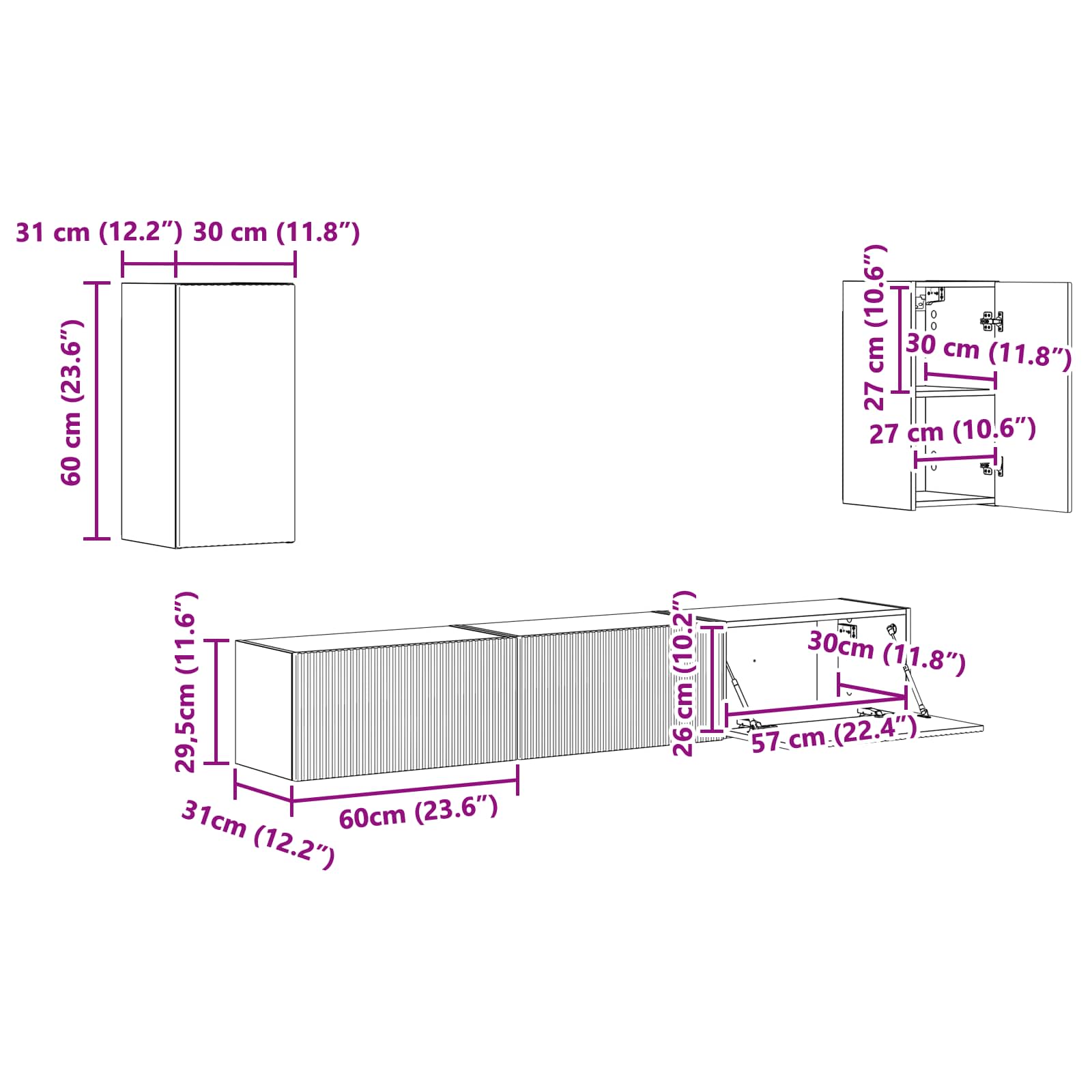 Set TV komoda Zidne 5 pcs Visoki sjaj bijela Konstruirano drvo