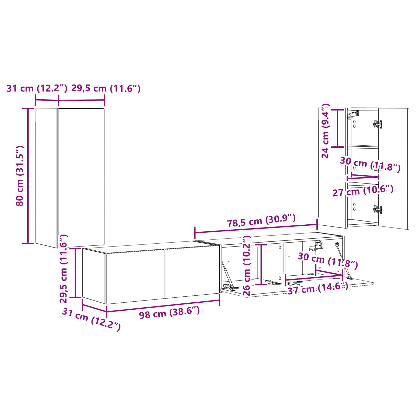 Set TV komoda 4 pcs Visoki sjaj bijela Konstruirano drvo