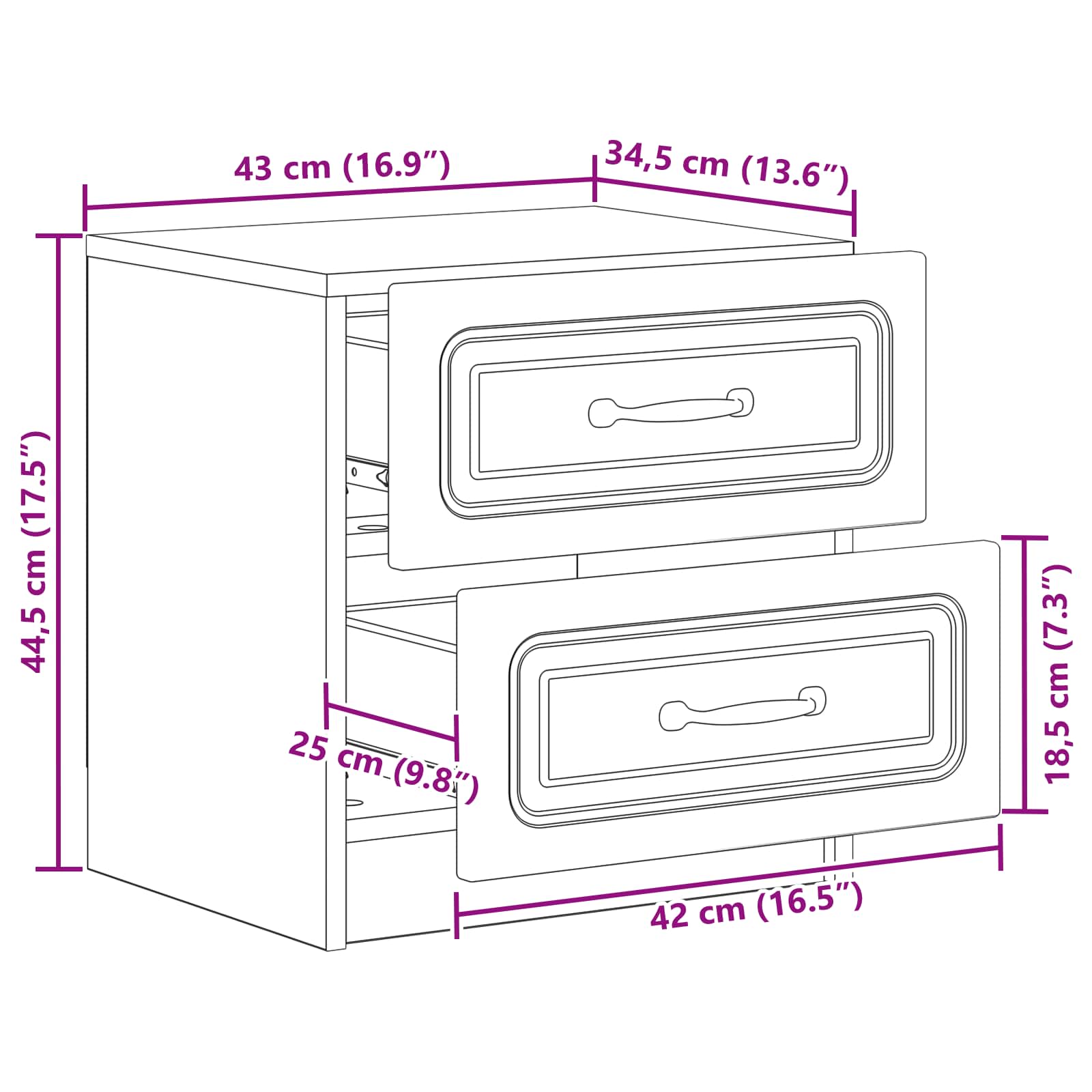 Noćni ormar s ladicama 2 pcs Staro drvo 43 x 34,5 x 44,5 cm