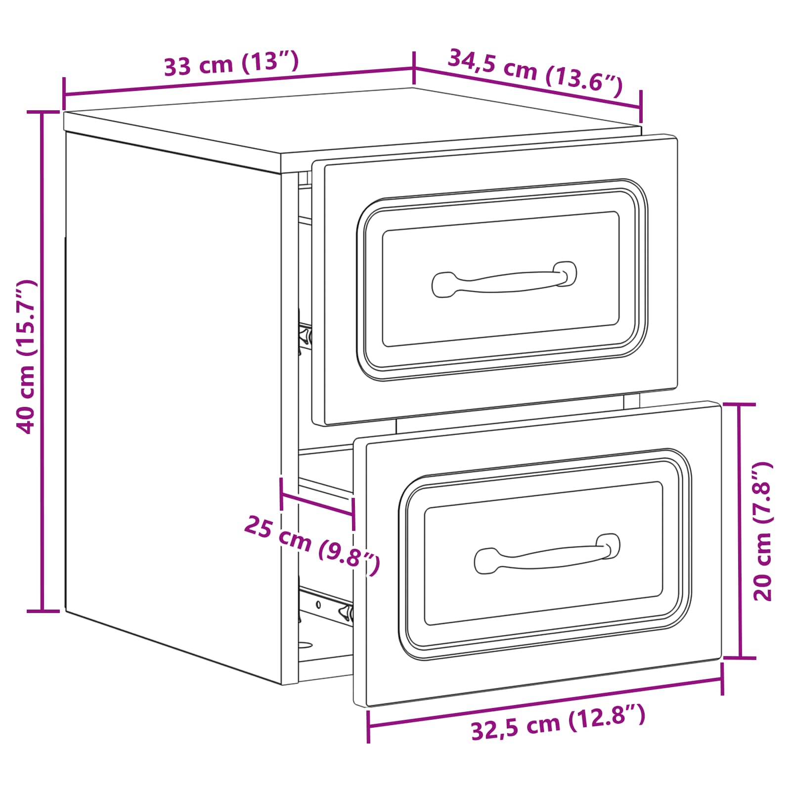 Noćni ormarić za montažu na zid 2 pcs Bijela 34,5 x 33 x 40 cm