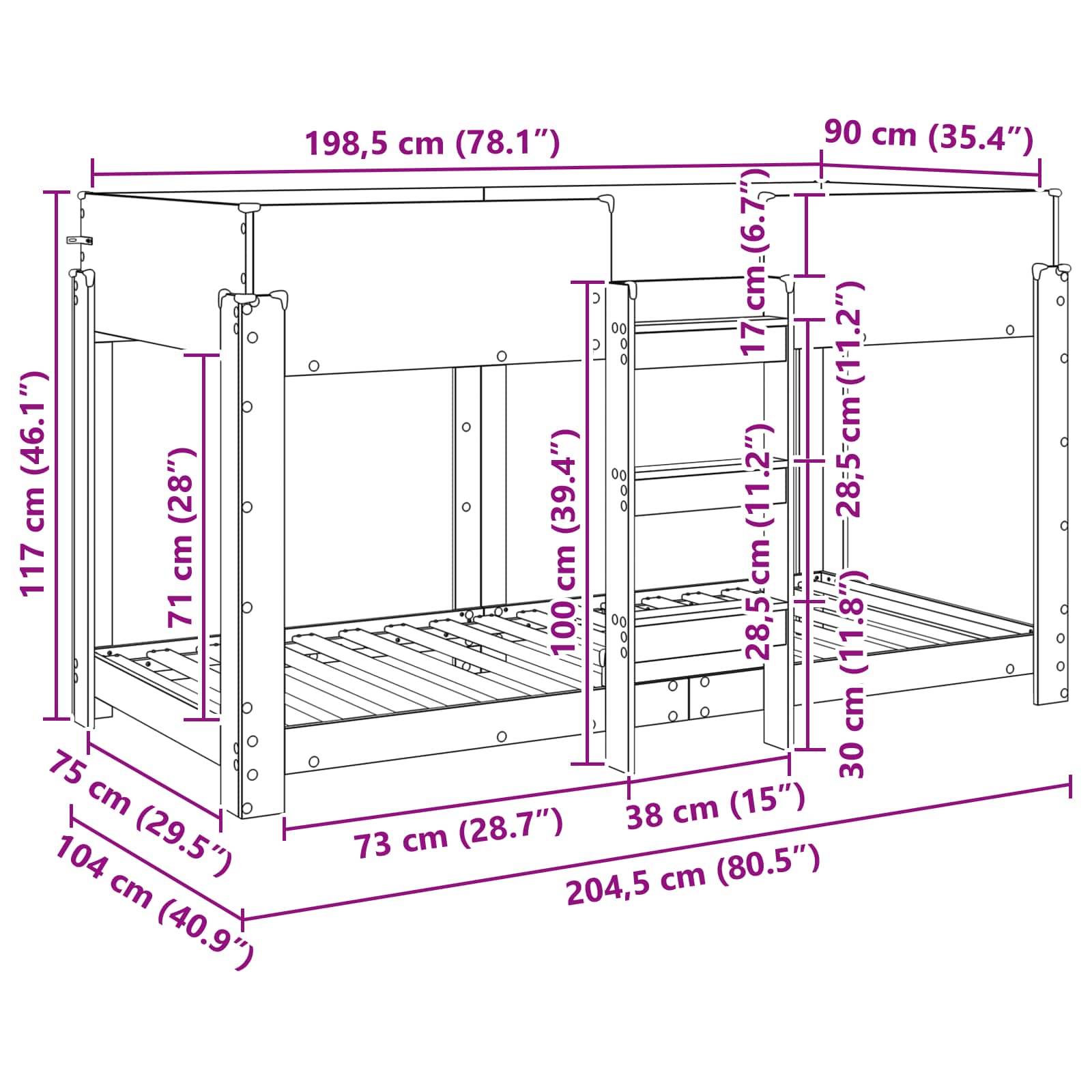 Krevet na kat za djecu Betonski sivi 90 x 200 cm