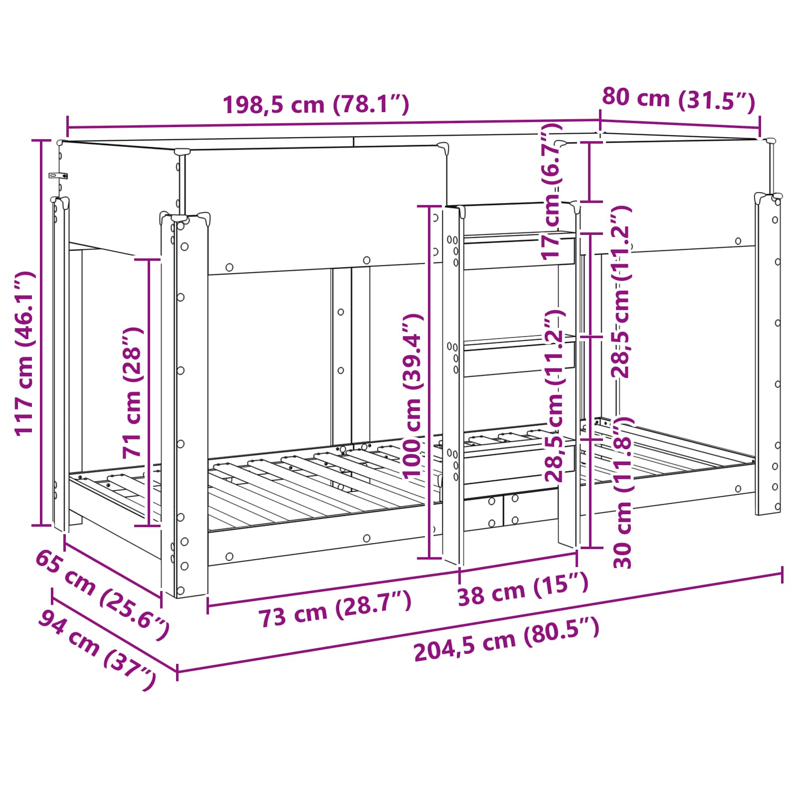 Krevet na kat za djecu Siva Sonoma 80 x 200 cm