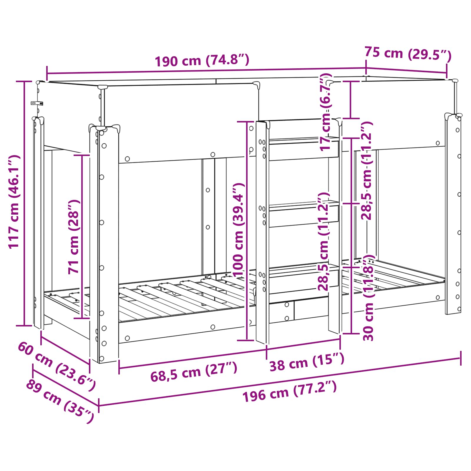 Krevet na kat za djecu Siva Sonoma 75 x 190 cm