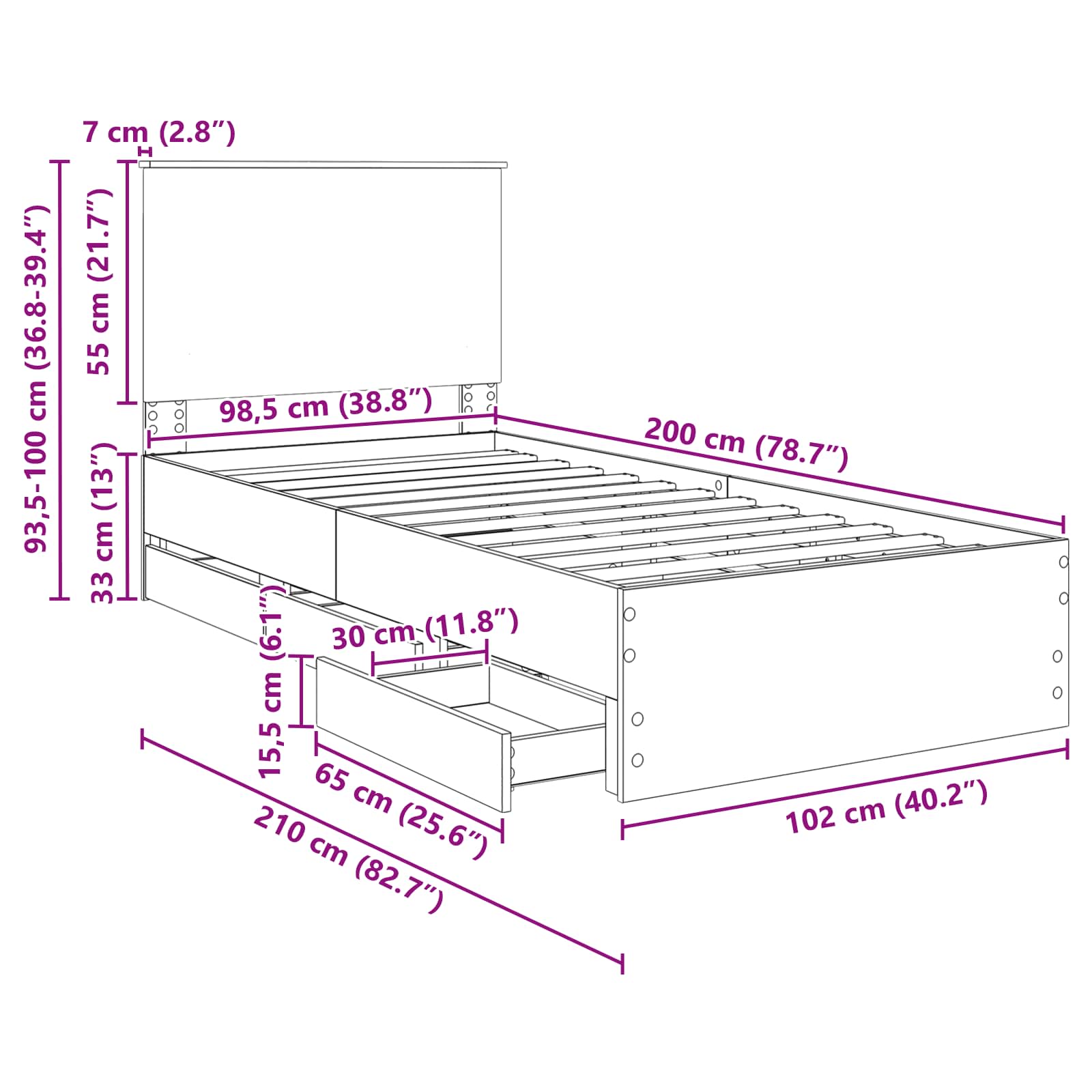 Krevetna konstrukcija s ladicama Sonoma hrast 100 x 200 cm
