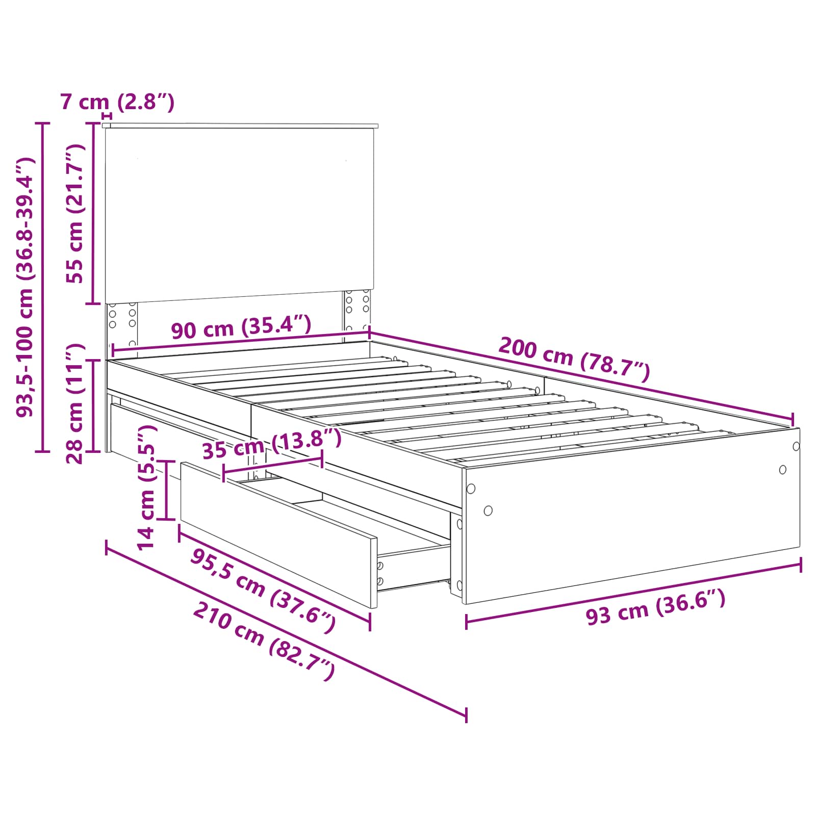 Krevet s od storage Sonoma hrast 90 x 200 cm Konstruirano drvo