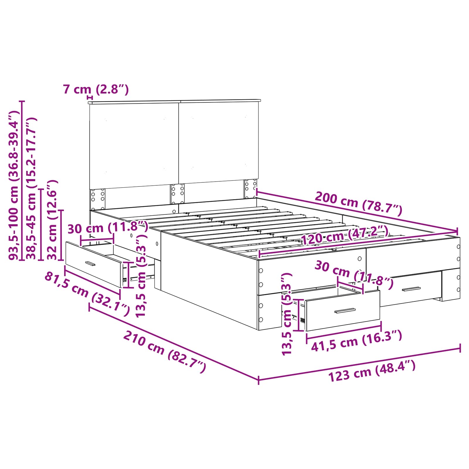 Krevetna konstrukcija s uzglavljem Betonski sivi 120 x 200 cm