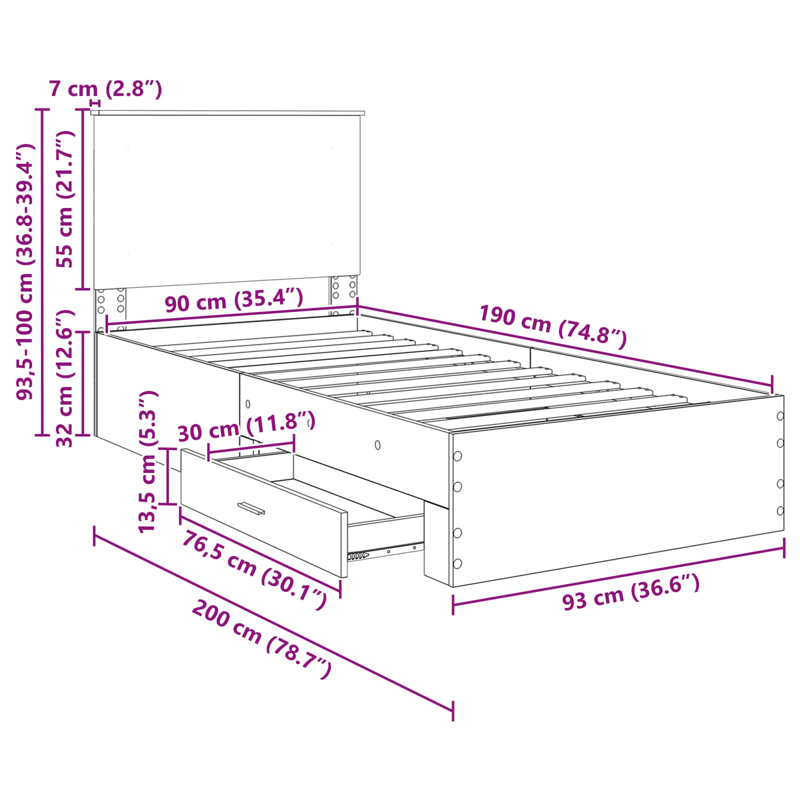 Krevetna konstrukcija s uzglavljem Sonoma hrast 90 x 190 cm