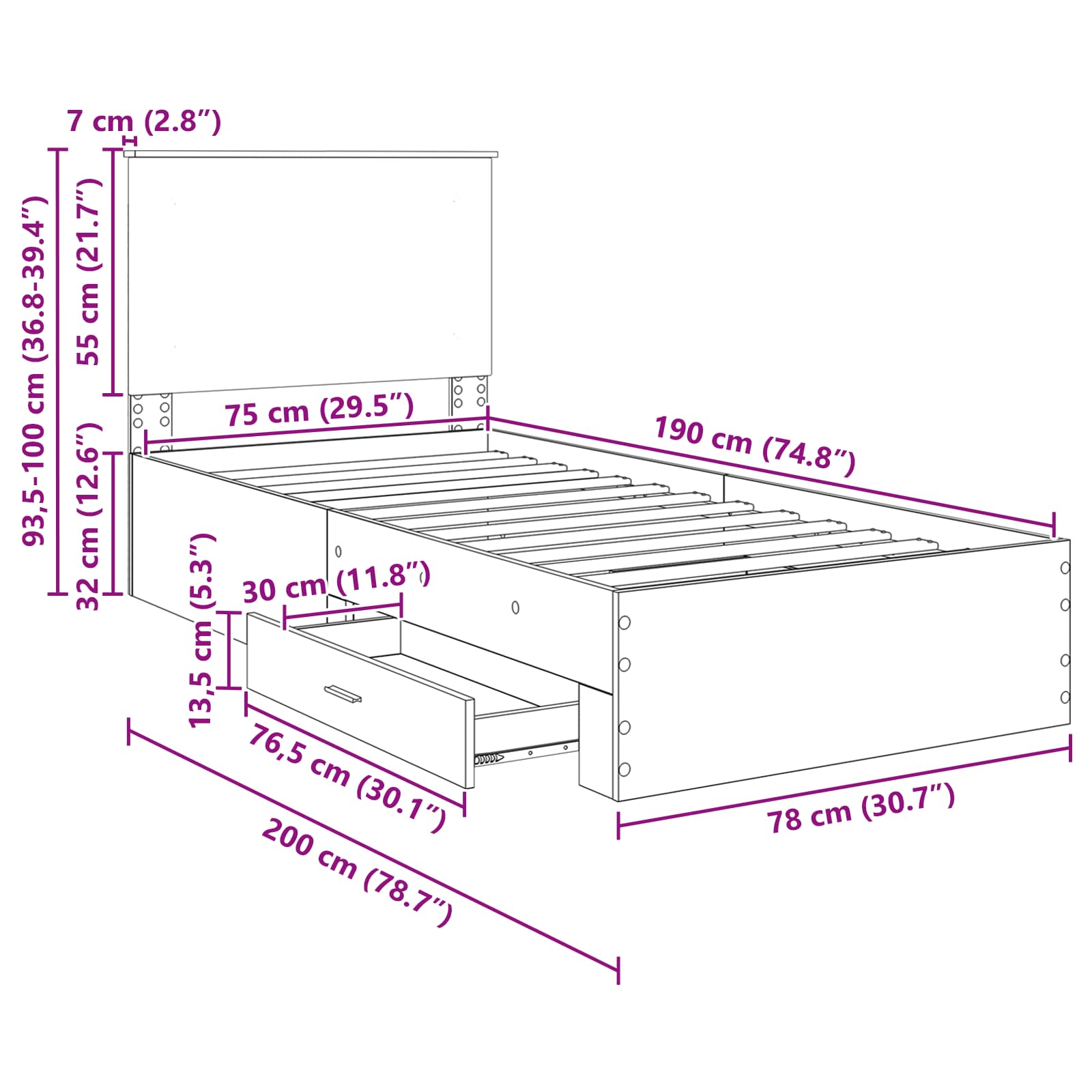 Krevetna konstrukcija Smeđi hrast i srebrna 75 x 190 cm