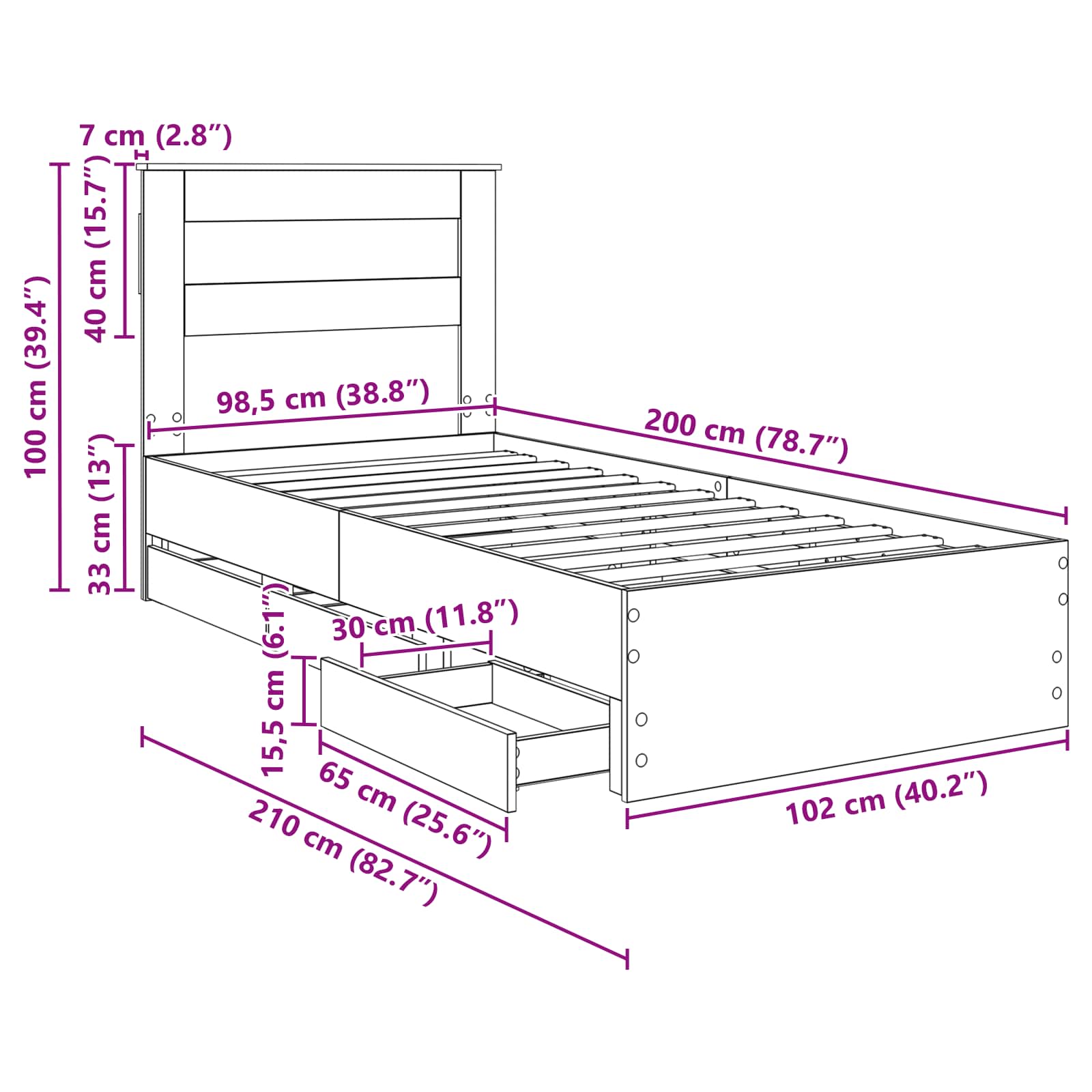 Krevetna konstrukcija s ladicama Sonoma hrast 100 x 200 cm