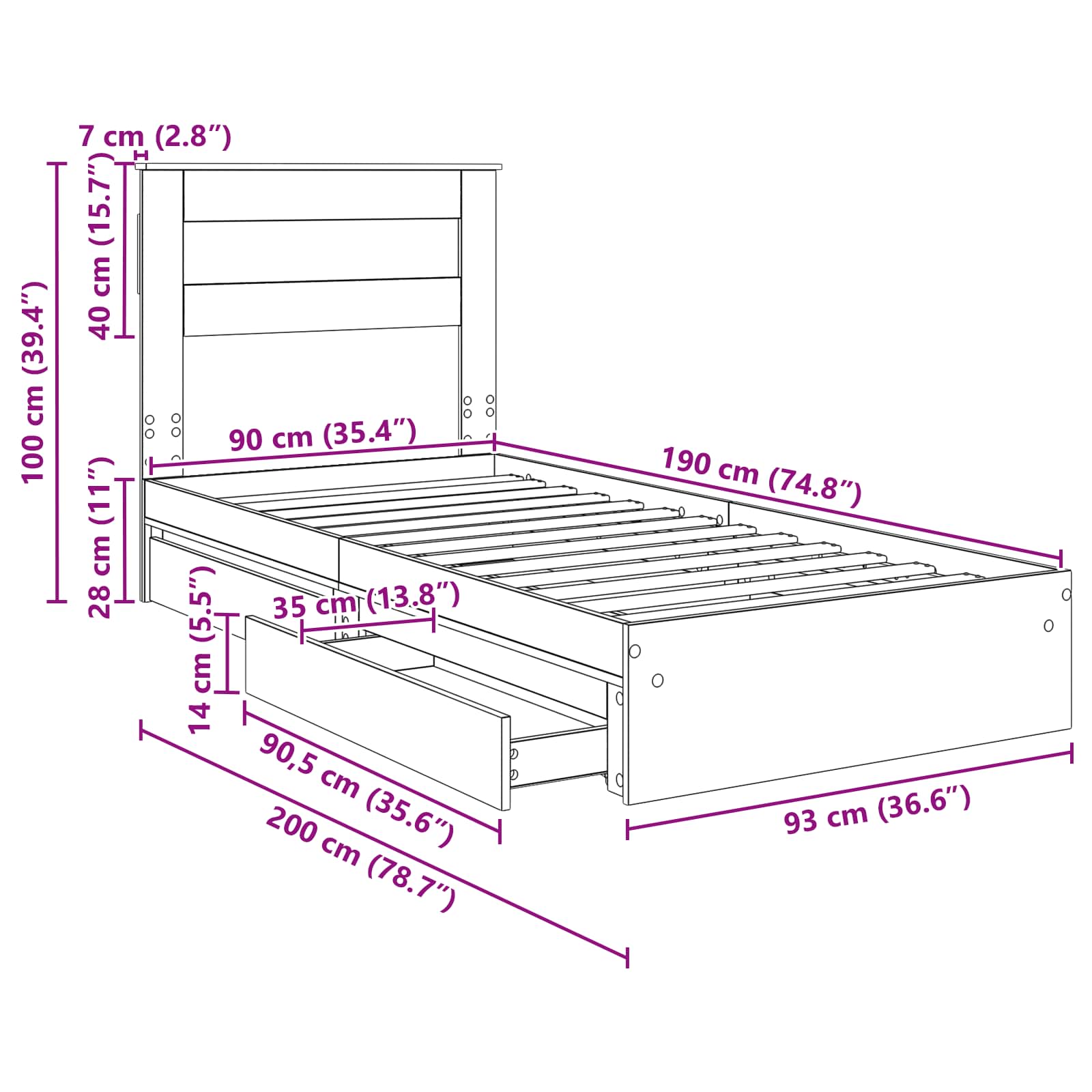 Krevet s od storage Sonoma hrast 90 x 190 cm Konstruirano drvo