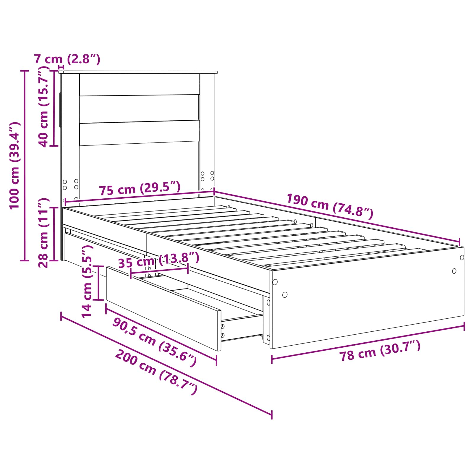 Krevet s od storage Sonoma hrast 75 x 190 cm Konstruirano drvo