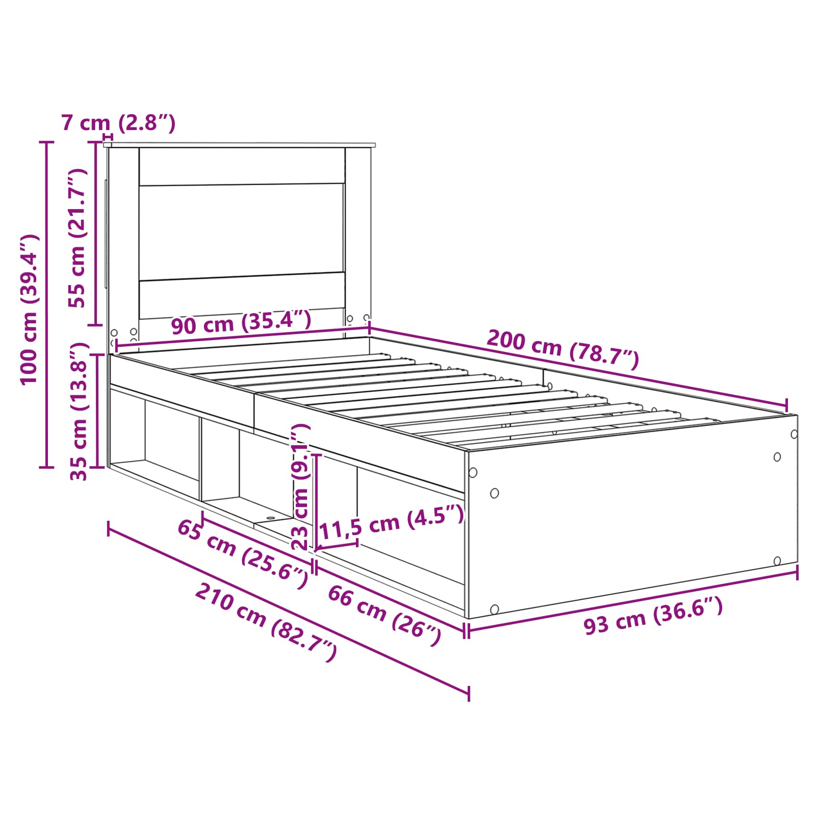 Krevetna konstrukcija Beton 90 x 200 cm Čvrsto borovo drvo