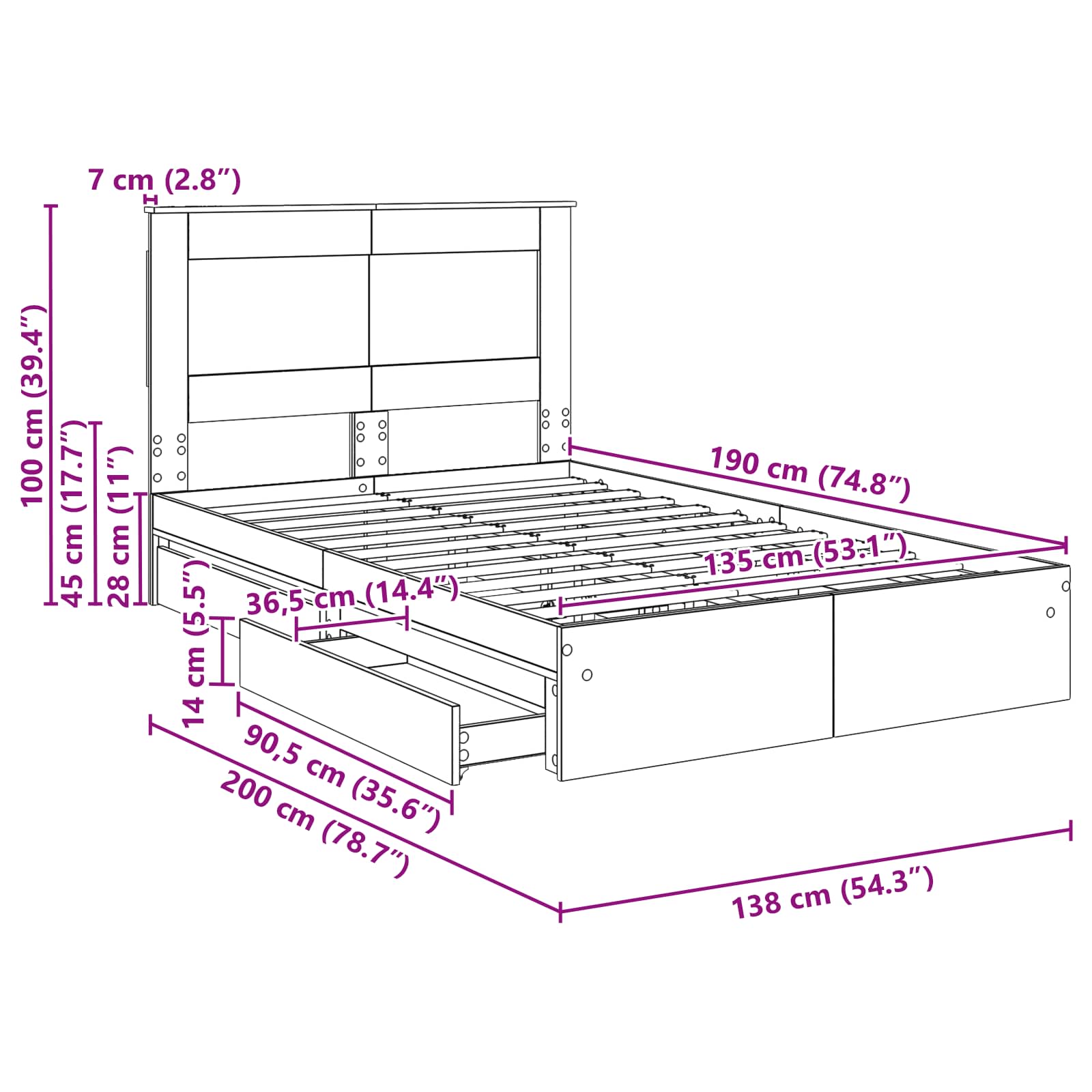 Krevet s od storage s uzglavljem Dimljeni hrast 135 x 190 cm