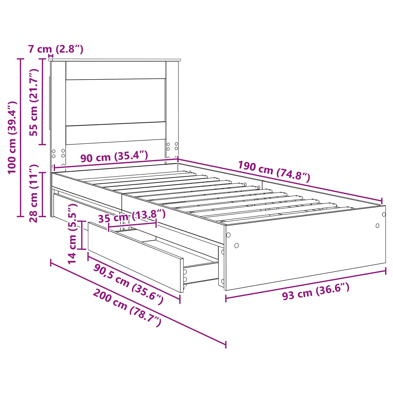 Krevet s od storage Siva Sonoma 90 x 190 cm Konstruirano drvo