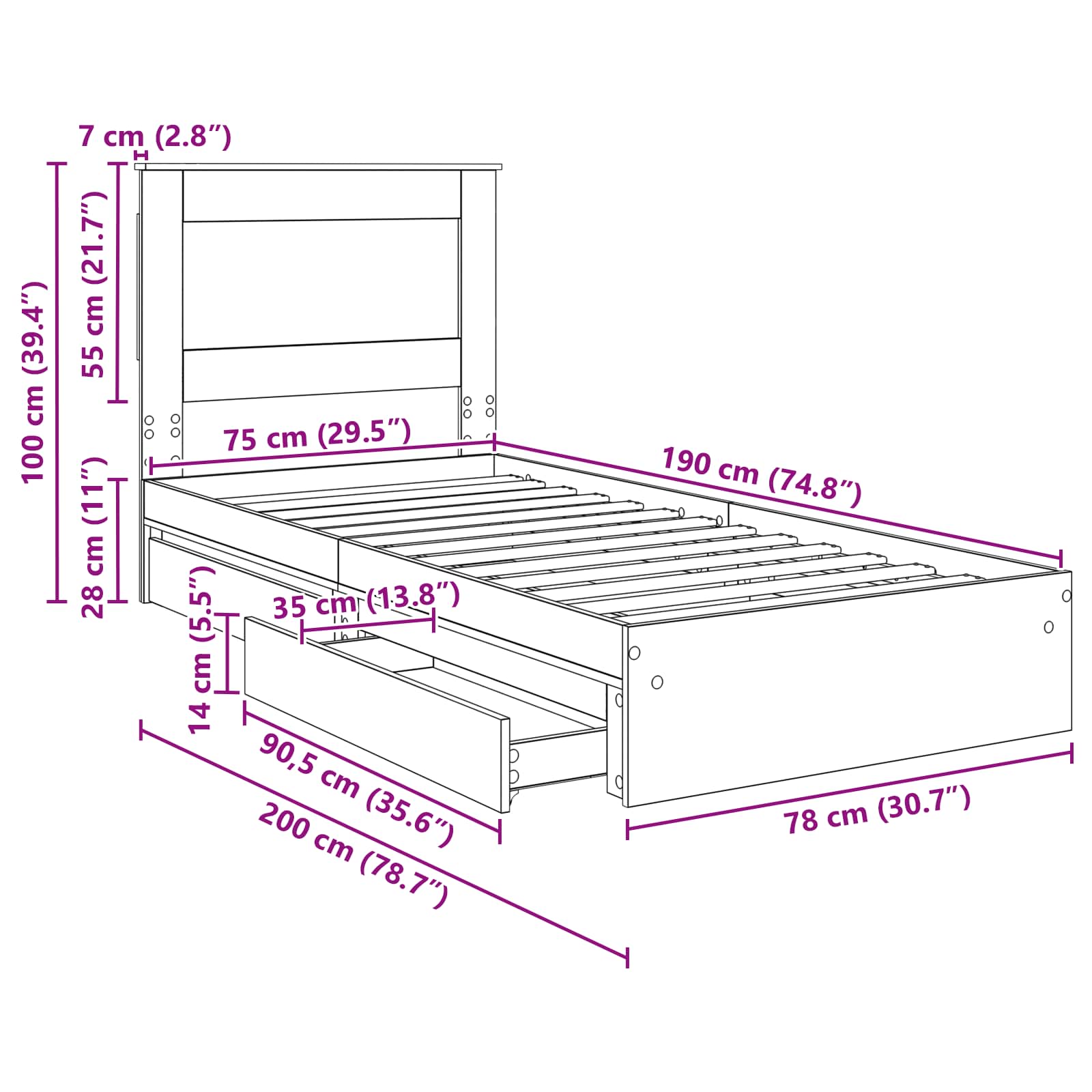 Krevet s od storage Bijelo 75 x 190 cm Konstruirano drvo