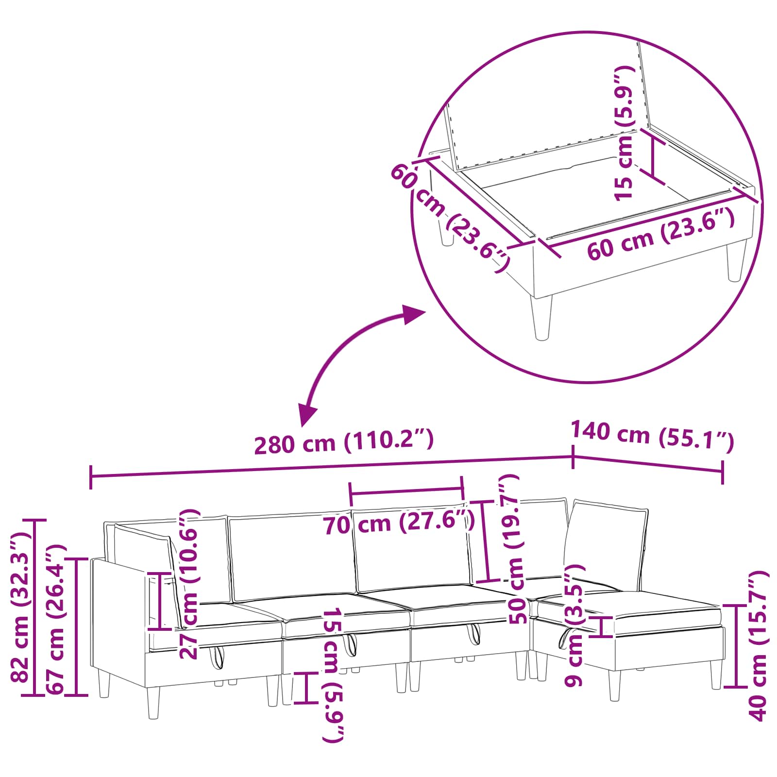 Set namještaja za dnevni boravak 5 pcs Tamnosiva Tkanina