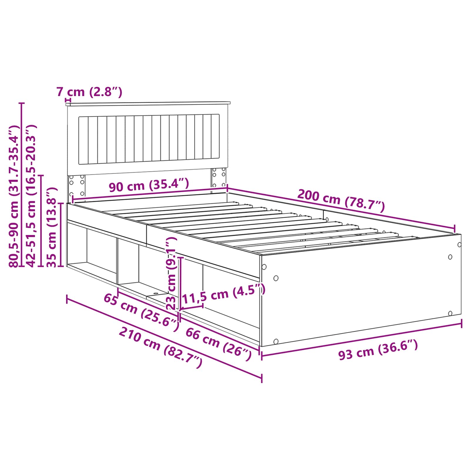 Krevetna konstrukcija Crna 90 x 200 cm Čvrsto borovo drvo