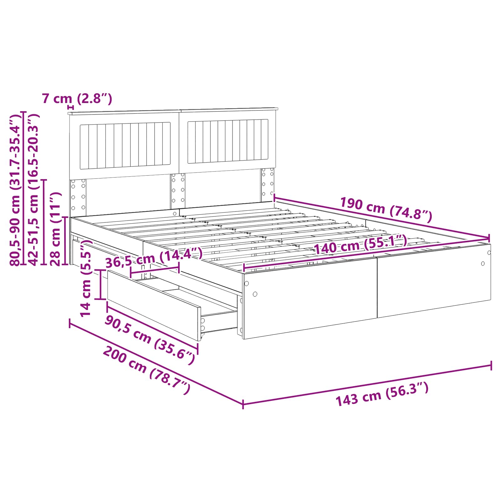 Krevet s od storage Bijelo 140 x 190 cm Konstruirano drvo