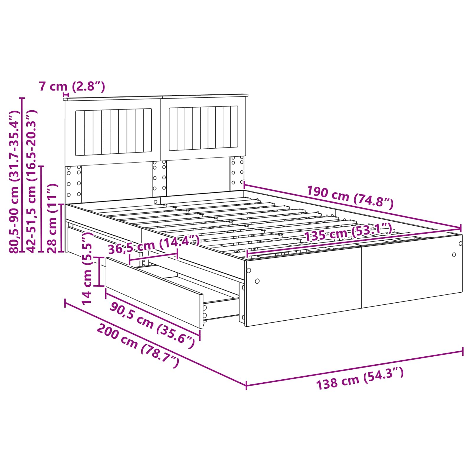 Krevet s od storage s uzglavljem Dimljeni hrast 135 x 190 cm