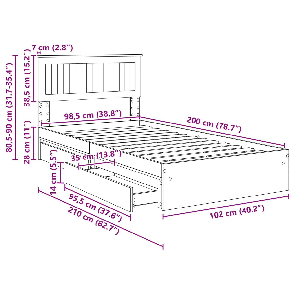 Krevet s od storage Crna 100 x 200 cm Konstruirano drvo