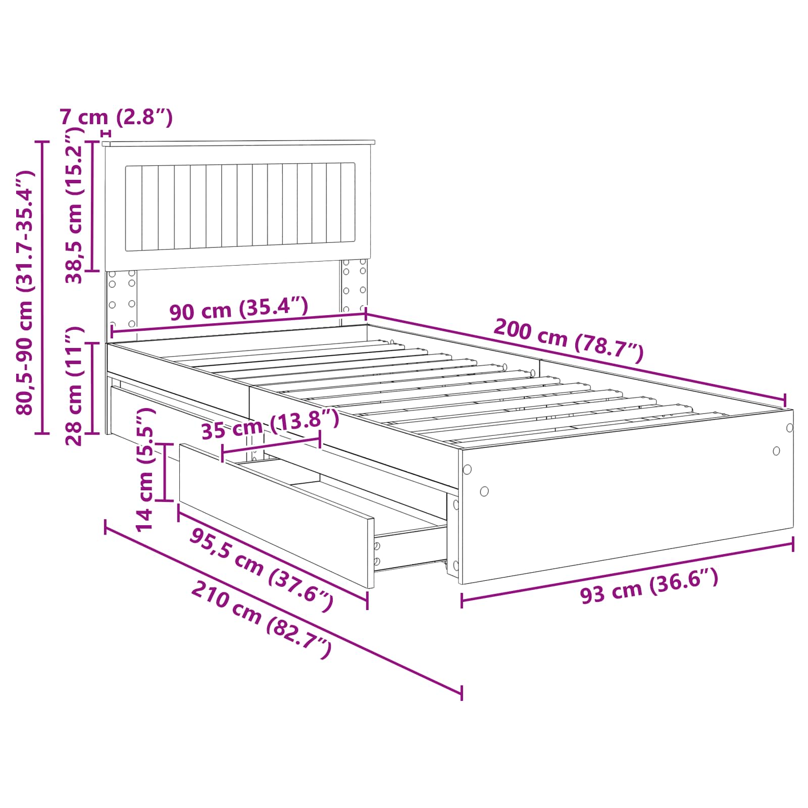 Krevet s od storage Siva Sonoma 90 x 200 cm Konstruirano drvo