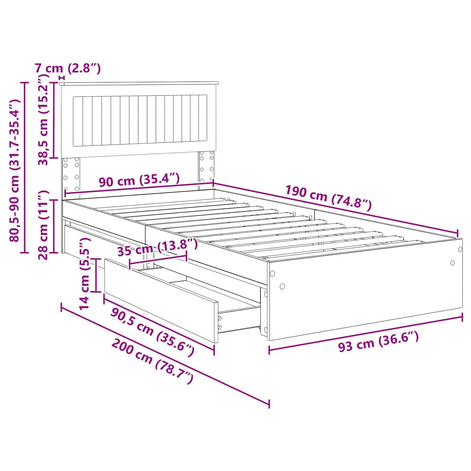 Krevet s od storage Siva Sonoma 90 x 190 cm Konstruirano drvo